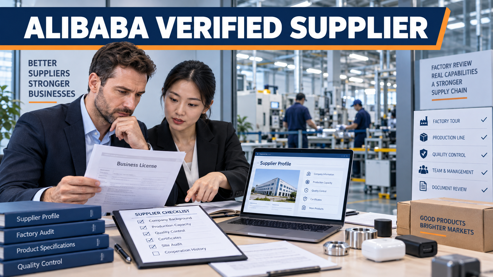 Overseas buyer and Chinese sourcing professional reviewing Alibaba supplier verification documents