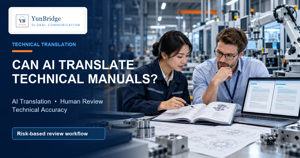 Chinese technical documentation specialist and international engineer reviewing an AI-assisted technical manual in an industrial automation factory